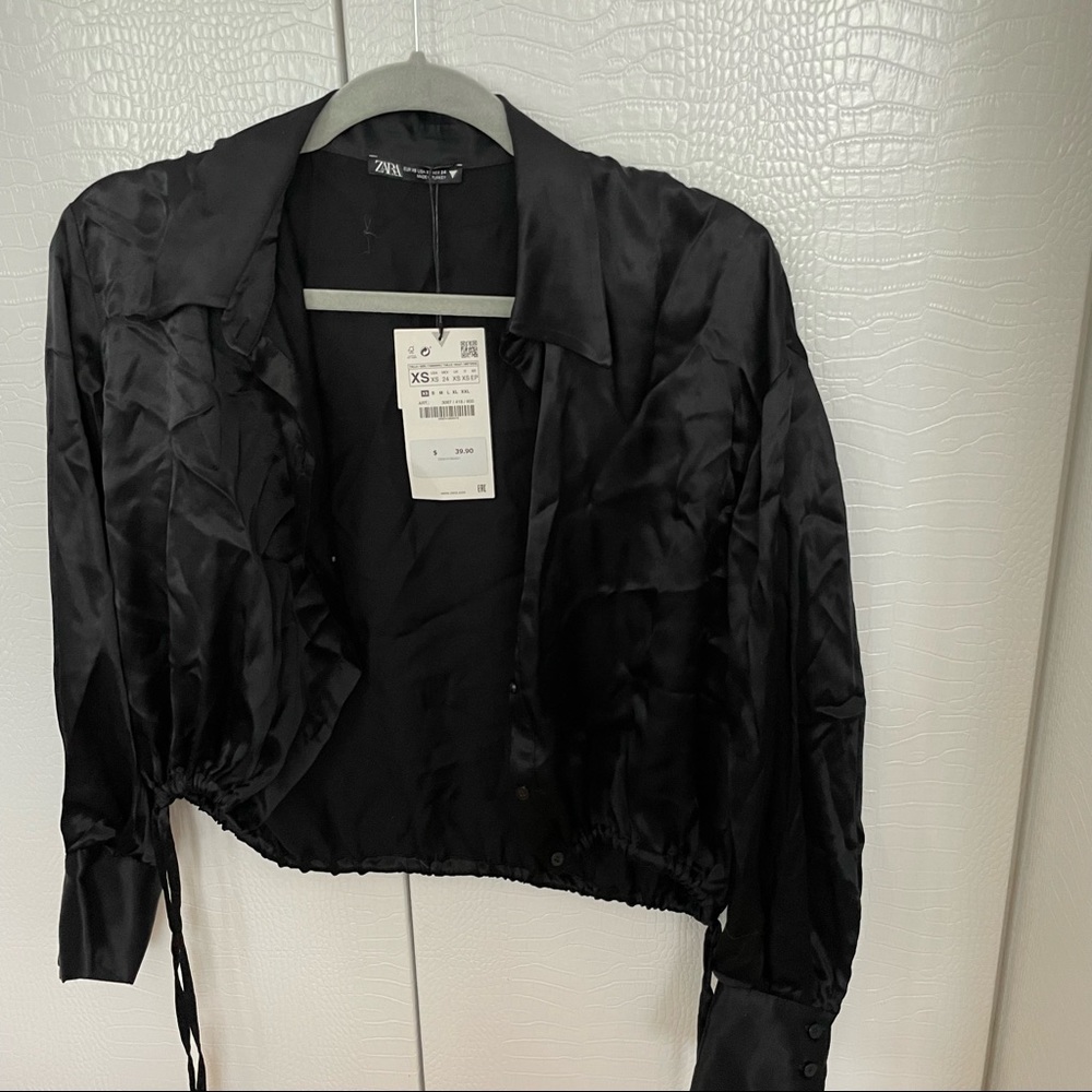 Zara black satin synched button up shirt size XS